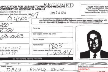 Dr. Ronald Davis' application for a medical license in Indiana.