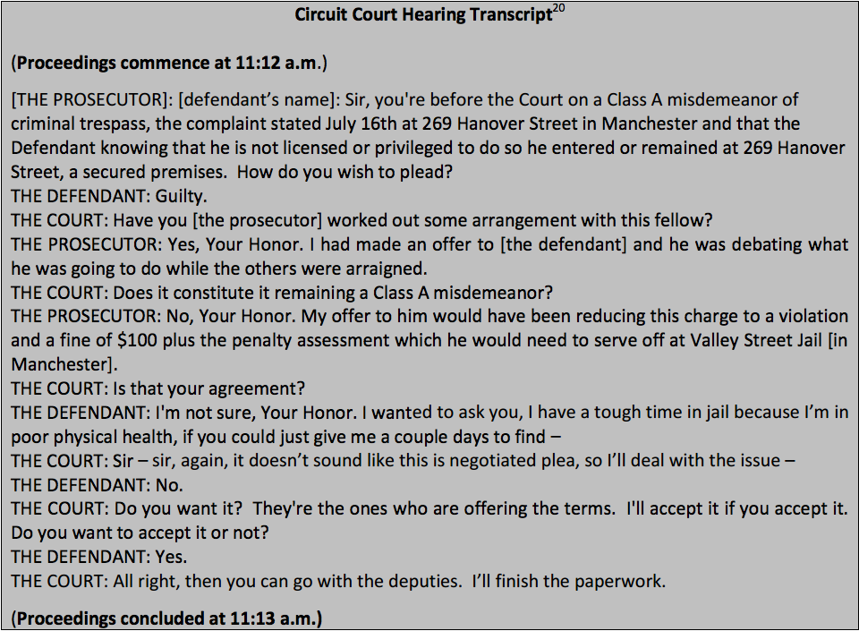 Transcript from a New Hampshire Circuit Court hearing involving an individual who could not pay their court debts