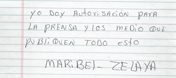 A note from an imprisoned immigrant which reads, "I give authorization to the press and the media to publish all of this." (Grassroots Leadership)