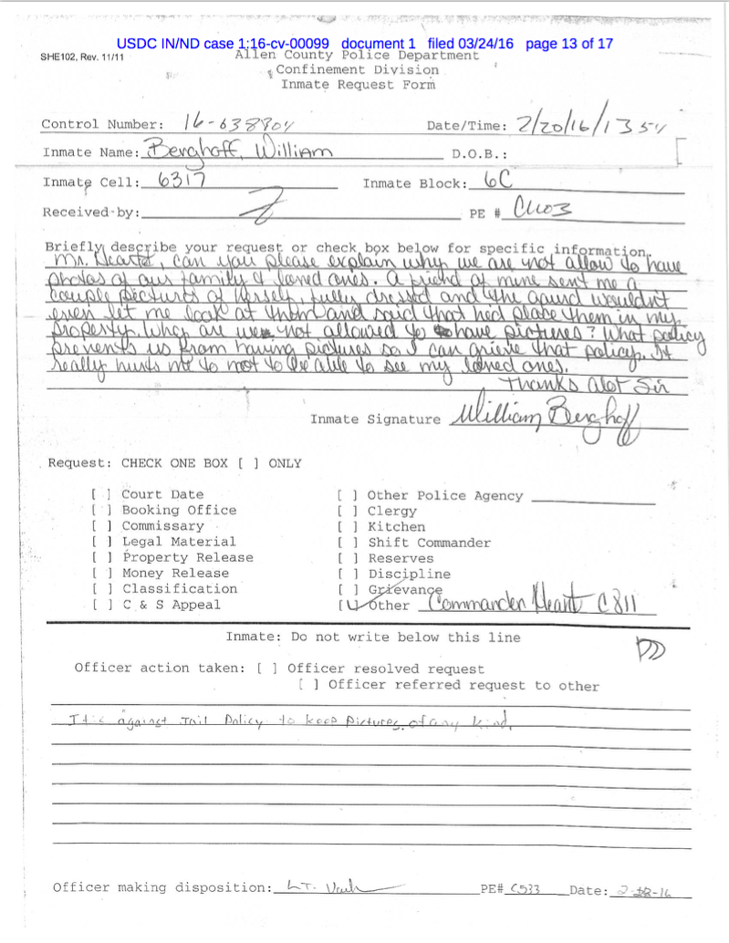 Inmate request form from the Allen County Jail in Fort Wayne, Indiana