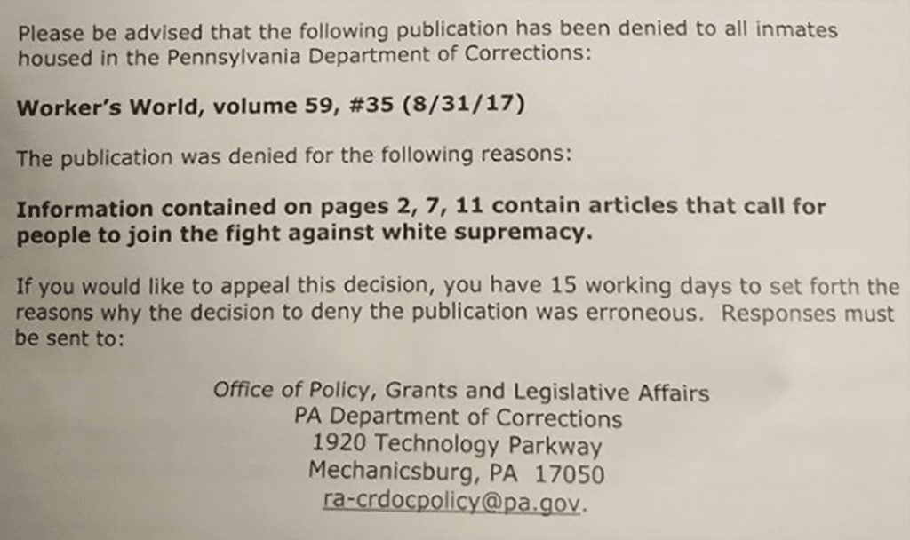 Screen shot of a rejection letter sent to Workers World newspaper from the Pennsylvania Department of Corrections. Photo via Central PA Antifa on Facebook.