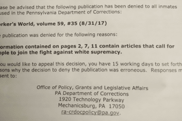 Screen shot of a rejection letter sent to Workers World newspaper from the Pennsylvania Department of Corrections. Photo via Central PA Antifa on Facebook.