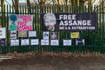 Banners and signs outside of WikiLeaks founder Julian Assange's extradition hearing in London. Photo by Kevin Gosztola.Banners and signs outside of WikiLeaks founder Julian Assange's extradition hearing in London. Photo by Kevin Gosztola.