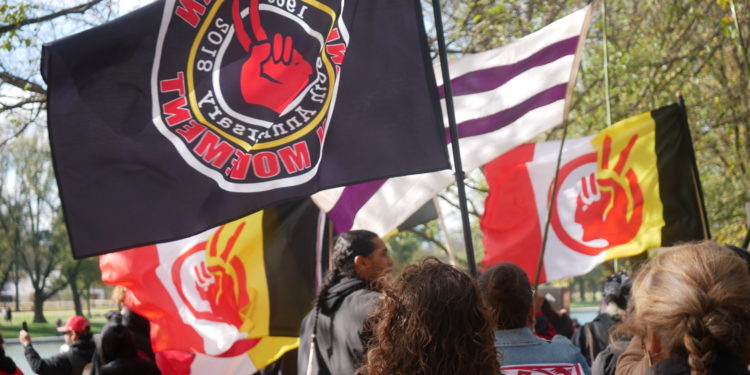 Protesters with their back to the viewer march with flags, including a black flag for the American Indian Movement.